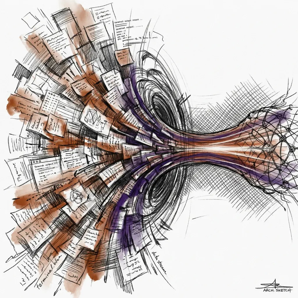 A funnel made of scattered paper fragments, notes, and data streams converging into a single coherent beam of light entering a neural network