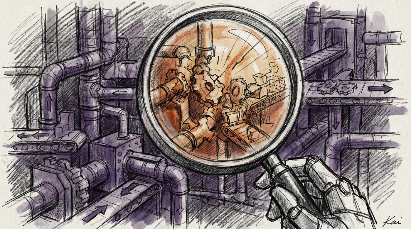 A charcoal sketch of a magnifying glass held over an industrial process pipeline, revealing hidden bottlenecks — cracked gears and jammed connections glowing through the lens