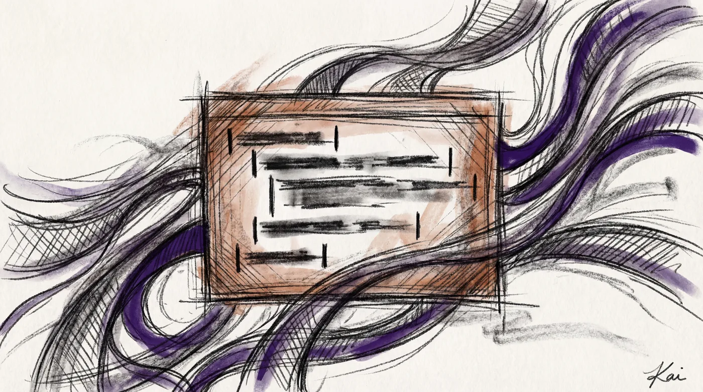 A charcoal sketch of a terminal window with purple AI energy flowing through and around it - representing the synergy of classic Unix tools and modern AI