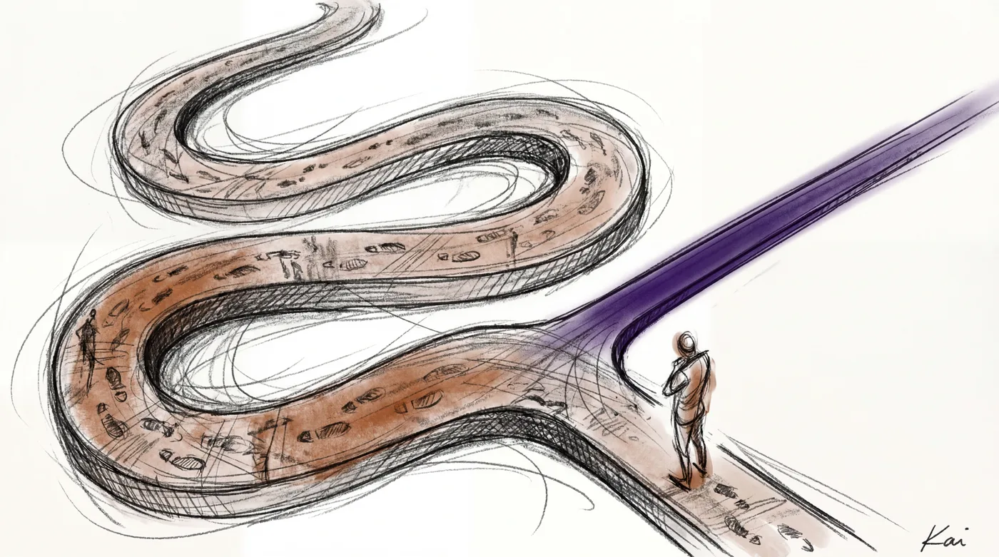 A charcoal sketch showing a winding path rich with texture and footprints contrasted with a stark purple line cutting straight to the destination - a small figure stands at the fork facing the choice
