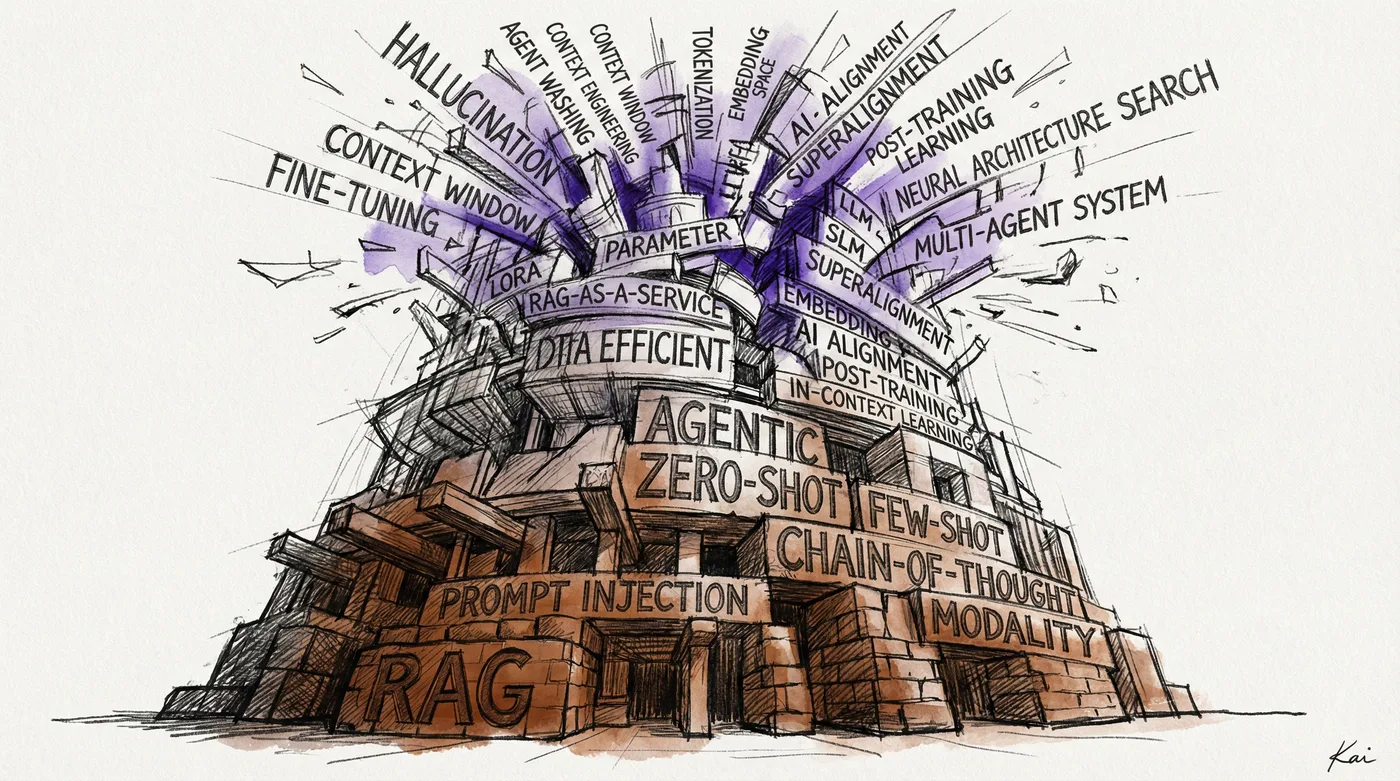 A charcoal sketch of a Tower of Babel built from AI terminology — RAG, Prompt Injection, Agentic at the solid base, crumbling into chaos at the top with fragments of Hallucination, Context Window, and Agent Washing flying outward