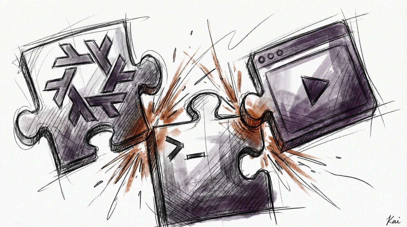 A charcoal sketch of three interlocking puzzle pieces — a NixOS snowflake, a browser window with play button, and a terminal cursor — clicking together with energy sparks at their connection points