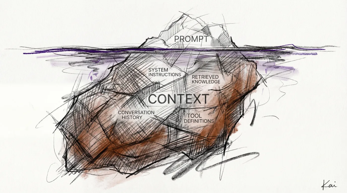 A charcoal sketch of an iceberg - small tip labeled PROMPT above the waterline, massive underwater portion labeled CONTEXT showing system instructions, retrieved knowledge, conversation history, and tool definitions