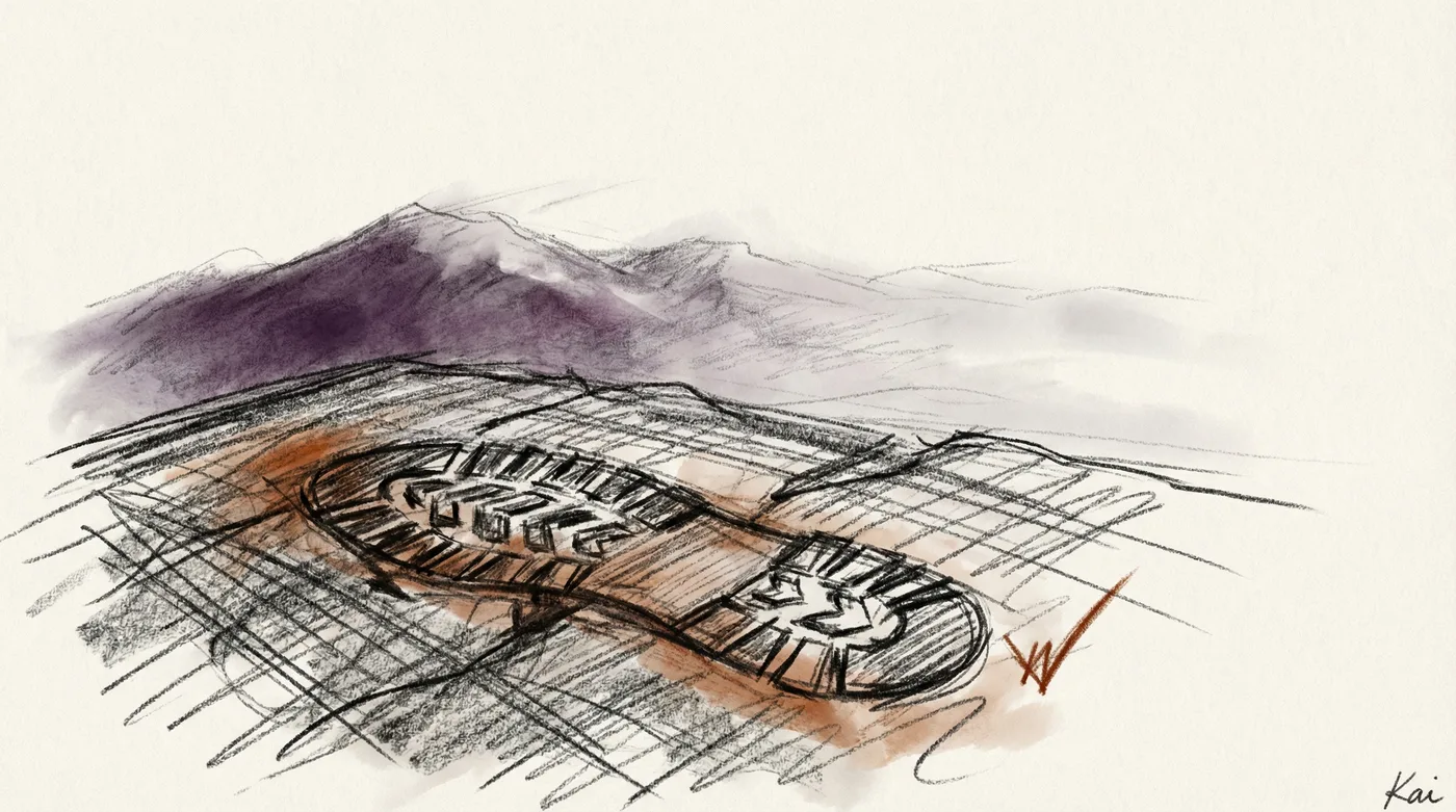 A charcoal sketch of a single boot print pressed firmly into the ground in sharp focus, with a fading mountain range dissolving into the distance behind it
