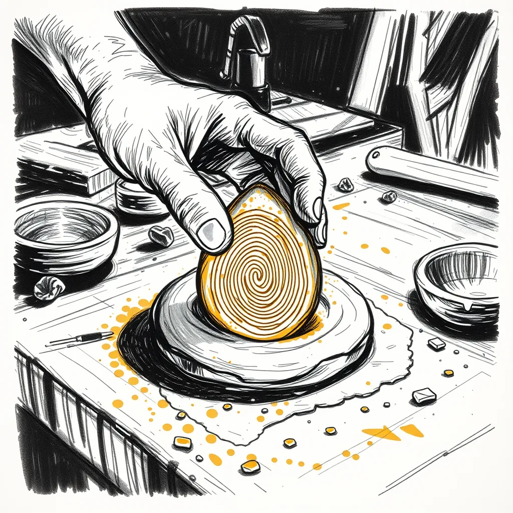 A hand sculpting a glowing fingerprint-marked form from clay on a workbench