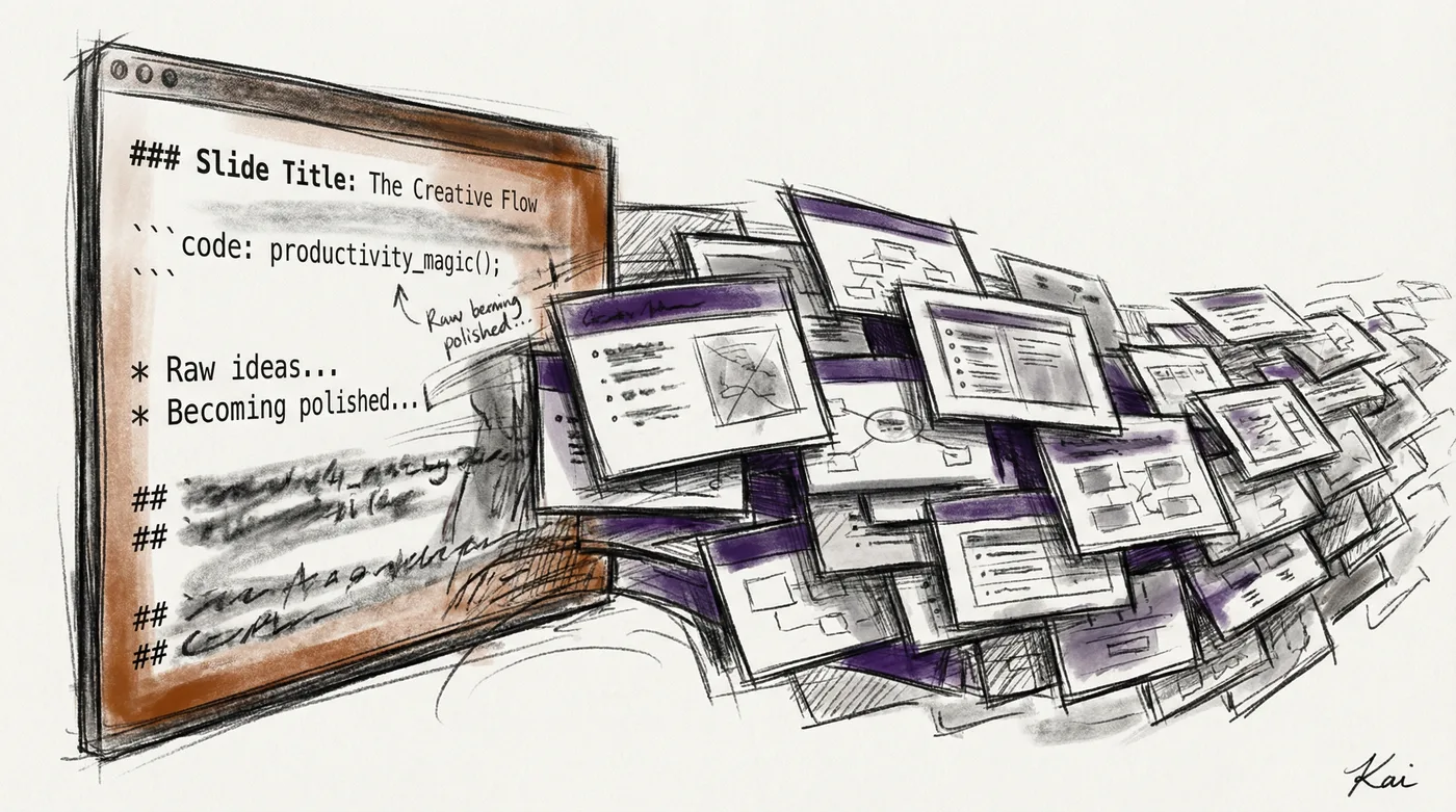 A charcoal sketch of markdown text in a terminal flowing outward and transforming into a cascade of polished presentation slides