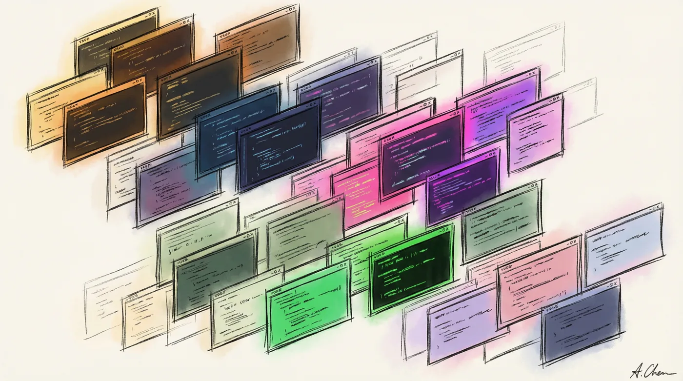 A cascade of terminal windows in charcoal sketch style, each glowing with a different color theme - amber Gruvbox, blue Tokyo Night, pink Synthwave, green Everforest, lavender Catppuccin