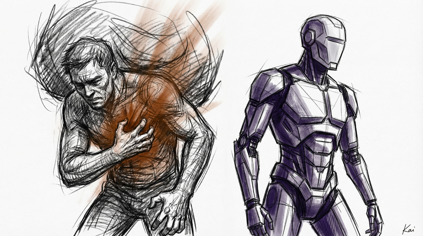 Charcoal sketch - a human figure hunched with hand on chest feeling the weight of responsibility in burnt sienna warmth, beside an unbowed purple robotic figure processing the same information weightlessly