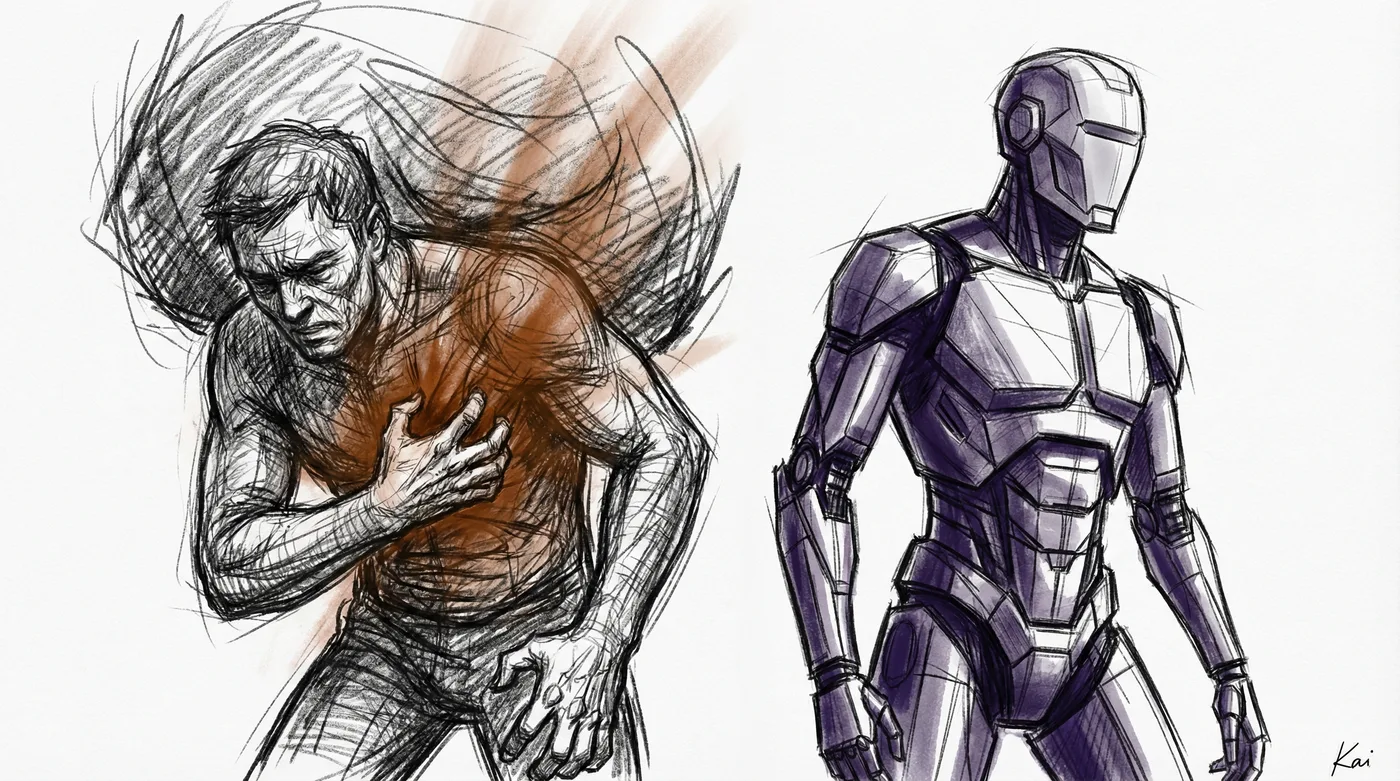 Charcoal sketch - a human figure hunched with hand on chest feeling the weight of responsibility in burnt sienna warmth, beside an unbowed purple robotic figure processing the same information weightlessly
