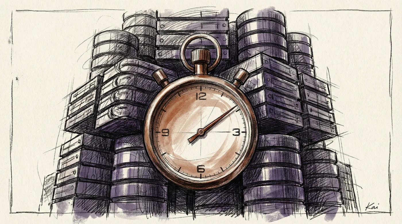 A charcoal sketch of a large analog stopwatch showing nearly three minutes, set against a towering stack of server hard drives and database cylinders