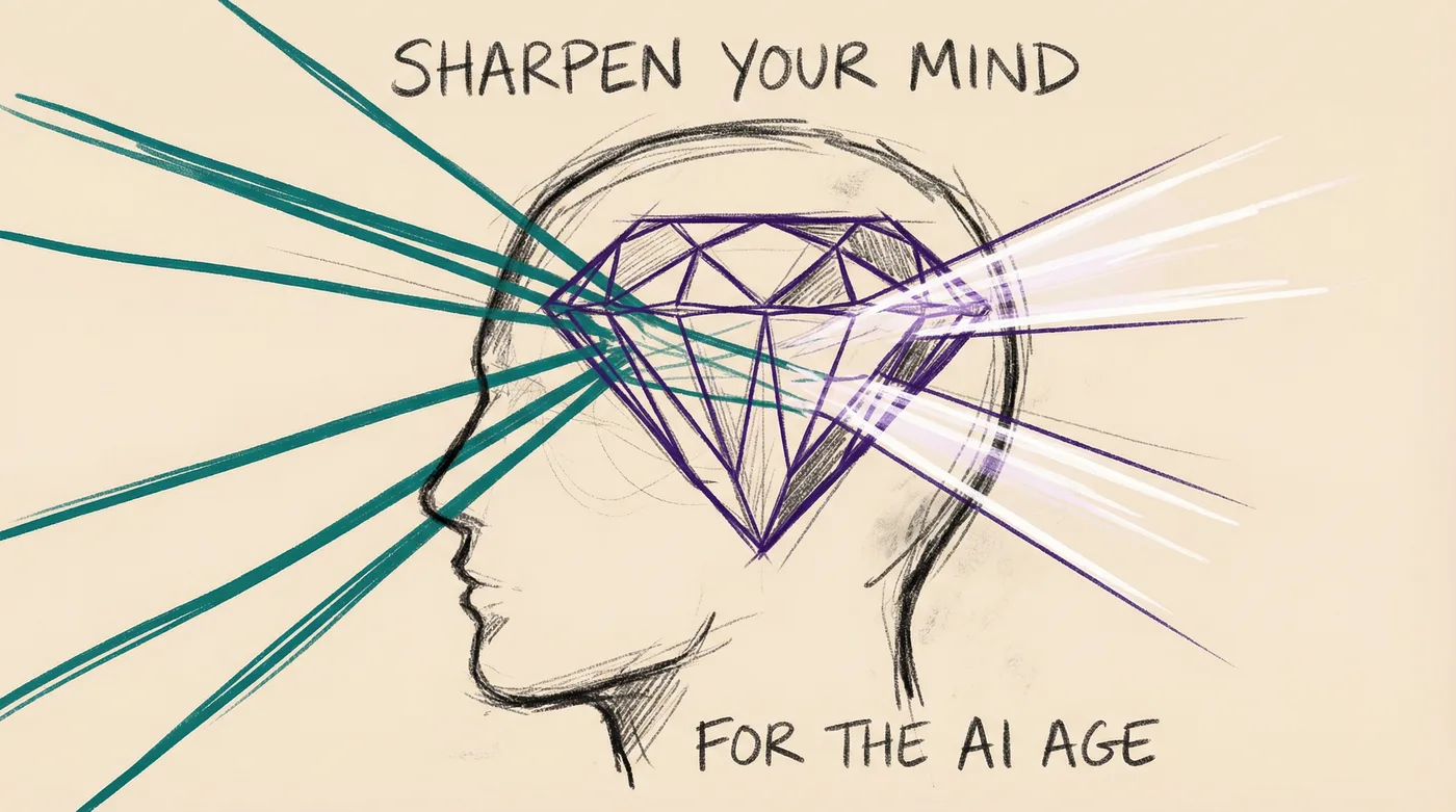 A human profile with a crystalline, diamond-faceted mind - light beams entering and refracting through clear thought