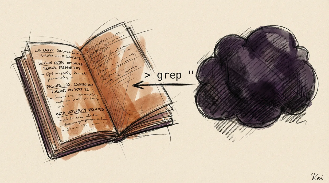 A charcoal sketch of an open notebook with visible log entries and a grep command arrow, contrasted against a dark opaque cloud — transparent files versus black-box cloud services