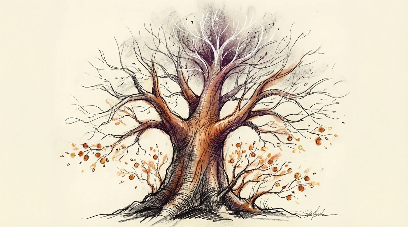 A charcoal sketch of a majestic tree growing upward - trunk and branches in warm sienna tones decomposing into finer branches, with glowing actionable fruits at the lowest branches ready to pick