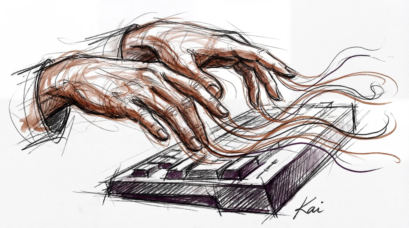 A charcoal sketch of hands flowing over a keyboard with gestural energy lines trailing from the fingertips - capturing the zen of vim flow state