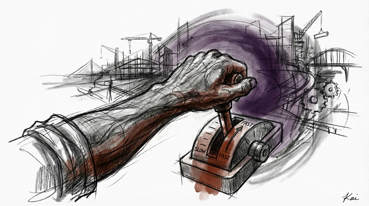 A charcoal sketch of a firm hand gripping a speed throttle lever set between slow and fast, with a landscape of construction and progress evolving in the background