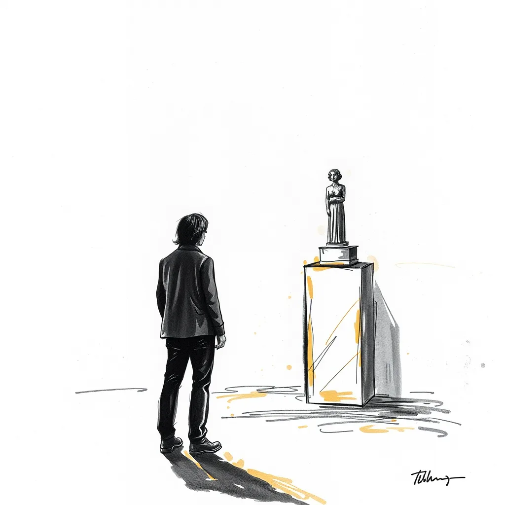 A lone person standing before a cold sculpture on a tall pedestal